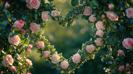 a beautiful floral arrangement shaped like a heart, featuring delicate pink roses surrounded by greenery. This romantic display is perfect for weddings, anniversaries, or special occasions. ai generated.の素材