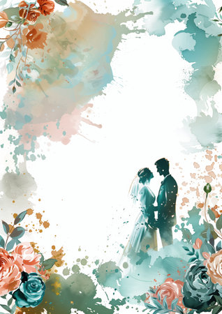 This wedding invitation card features a romantic watercolor design with floral elements and a silhouette of a couple. The soft colors and artistic style create a beautiful backdrop for any wedding announcement. ai generated.の素材