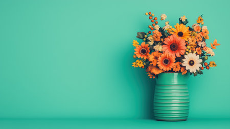 A vibrant flower pot filled with an assortment of colorful flowers against a teal background. This cheerful arrangement adds a touch of nature and brightness to any space. ai generated.の素材