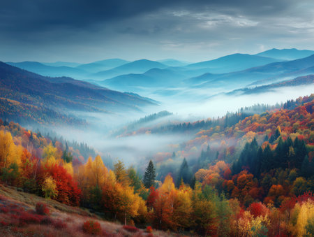 a stunning autumn landscape featuring vibrant foliage and misty mountains. The scene captures the beauty of nature during fall, with layers of hills fading into the distance. ai generated.の素材