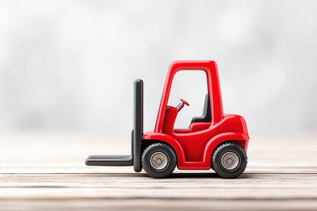 A vibrant red toy forklift is displayed on a wooden surface, showcasing its detailed design. This miniature vehicle is perfect for educational purposes or as a decorative item in children's playrooms. ai generated.の素材