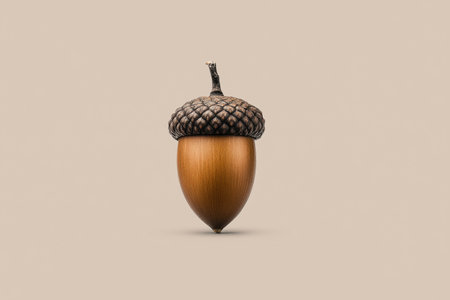 A detailed image of a single acorn with a smooth brown body and a textured cap, set against a soft neutral background. This image captures the natural beauty and simplicity of an acorn, making it suitable for various design projects. ai generated.の素材