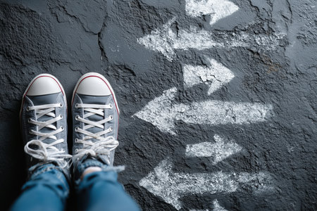 A pair of stylish sneakers rests on a textured pavement, surrounded by directional arrows painted in white. This image captures the essence of youth culture and decision-making, appealing to a Gen Z audience. ai generated.の素材