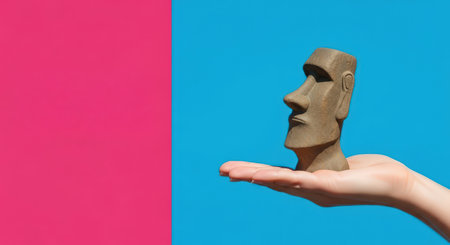 A hand holds a small moai statue against a vibrant blue and pink background, symbolizing travel and adventure. This image is ideal for travel agency advertisements or promotional materials. ai generated.の素材