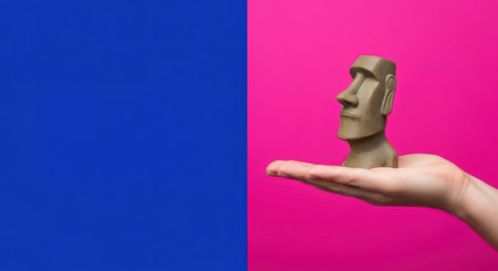A hand holds a small Easter Island statue against a vibrant pink and blue background. This image is ideal for promoting travel and tourism, especially to exotic destinations. ai generated.の素材