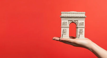 A hand holding a miniature model of an iconic arch monument against a vibrant red background. This image is ideal for travel agency advertisements and promotional materials. ai generated.の素材