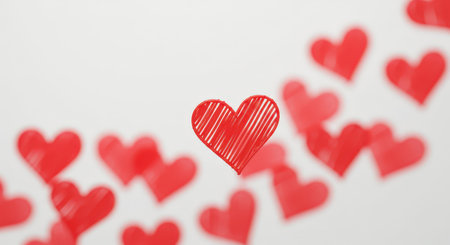 A collection of red hearts scattered on a white background, with one heart prominently featured in the foreground. This image conveys themes of love, affection, and romance. ai generated.の素材