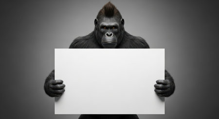A powerful gorilla stands against a neutral background, holding a blank sign. This image can be used for various advertising or creative purposes. ai generated.の素材