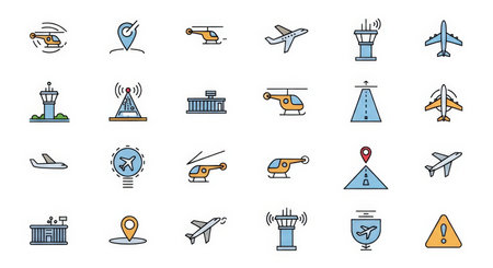 A collection of airport and aviation-themed icons, featuring various aircraft, control towers, and navigation symbols. This versatile icon set is perfect for travel-related projects and applications. ai generated.の素材