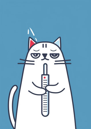 A whimsical cartoon illustration of a cat holding a thermometer, conveying a humorous take on a pet's health. The cat has a neutral expression and is set against a blue background. ai generated.の素材