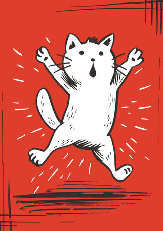 This illustration features a playful cartoon cat with an expressive face, jumping against a vibrant red background. The design captures the fun and energetic nature of cats, making it ideal for various creative projects. ai generated.の素材