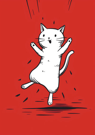This illustration features a cheerful cartoon cat jumping joyfully against a vibrant red background. The playful design captures the essence of fun and whimsy, making it perfect for various creative projects. ai generated.の素材