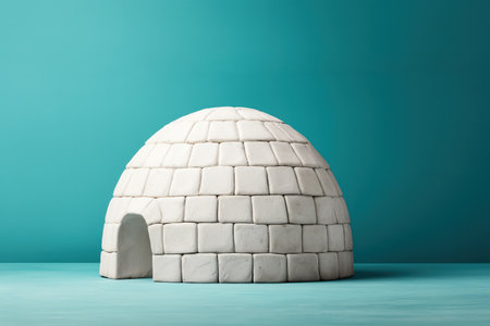 A detailed model of a white igloo set against a vibrant blue background. This image captures the unique architectural style of igloos, showcasing their rounded structure and brick-like appearance. ai generated.の素材