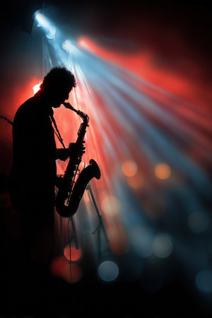 A captivating silhouette of a saxophonist playing jazz music on stage, surrounded by colorful lights. The image evokes the vibrant atmosphere of a live jazz performance. ai generated.の素材