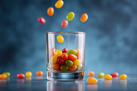 A glass filled with vibrant jelly beans, with some candies falling around it. The bright colors and playful arrangement make it a perfect image for candy-related themes. ai generated.の素材