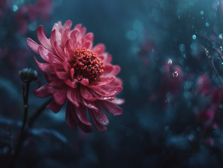 This image features a close-up view of a vibrant pink flower adorned with water droplets. The background is softly blurred, creating a dreamy atmosphere that highlights the delicate details of the petals. ai generated.の素材