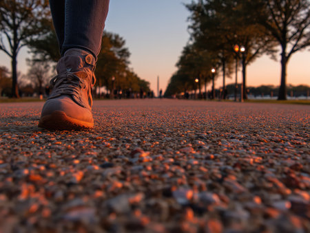 A close-up view of a person's foot in running shoes as they jog along a tree-lined path during sunset. The warm colors of the sky create a serene atmosphere for outdoor exercise. ai generated.の素材