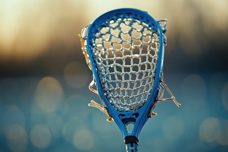 detailed close-up of a blue lacrosse stick head with netting, captured against a softly blurred background, highlighting the sport's equipment and craftsmanship. ai generated.の素材