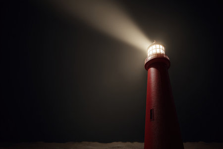 A striking red lighthouse emitting a beam of light against a dark background. This image captures the essence of maritime navigation and coastal scenery. ai generated.の素材