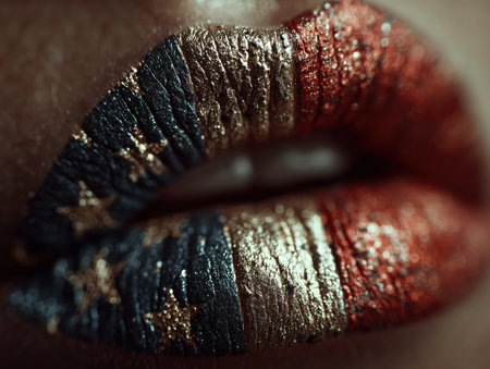 This image features a close-up view of lips adorned with a striking patriotic makeup design. The lips are painted in red, white, and blue, showcasing a creative and artistic expression of national pride. ai generated.の素材