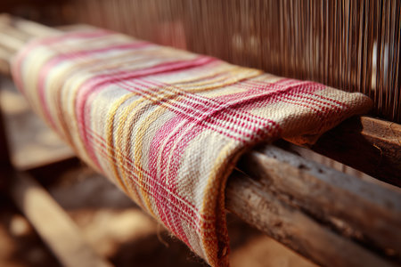 A close-up view of a textile resting on a loom, showcasing intricate patterns and vibrant colors. This image captures the art of weaving and the beauty of handmade fabrics. ai generated.の素材