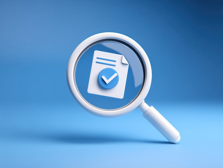 A magnifying glass is focused on a document featuring a checkmark, symbolizing verification and search. The background is a soft blue, enhancing the clarity of the image. ai generated.の素材