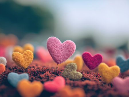 a collection of colorful felt hearts scattered on a soft surface, symbolizing love and affection. The vibrant colors create a cheerful and warm atmosphere, perfect for expressing emotions. ai generated.の素材