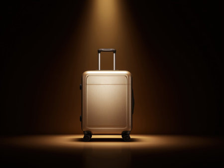 A modern suitcase illuminated in a dramatic spotlight, perfect for travel-themed imagery. Ideal for showcasing the essentials of traveling and adventure. ai generated.の素材