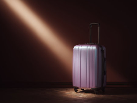 A modern suitcase stands in a spotlight, emphasizing its sleek design. This image captures the essence of travel and adventure, perfect for travel-related themes. ai generated.の素材