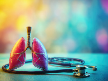 A creative representation of human lungs alongside a stethoscope, symbolizing health and medicine. The vibrant background adds a modern touch to the medical theme. ai generated.の素材