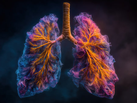 This image features a vibrant and artistic depiction of human lungs, showcasing intricate details and a blend of colors. It symbolizes health, respiration, and the importance of lung function. ai generated.の素材