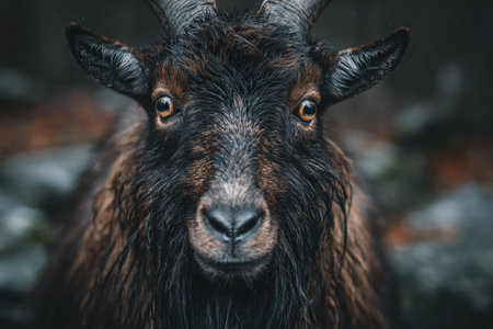 This image features a close-up of a markhor goat, showcasing its distinctive features and fur. The natural setting highlights the animal's beauty and unique characteristics. ai generated.の素材