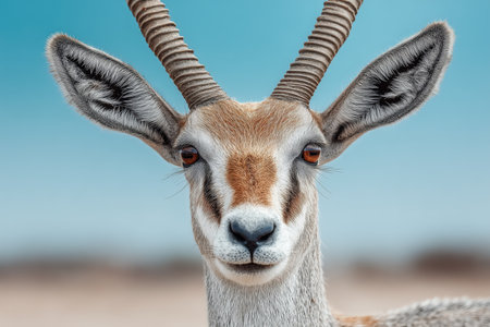 this image features a close-up view of a markhor, showcasing its distinct horns and facial features. the animal is set against a blurred natural background, highlighting its beauty and uniqueness. ai generated.の素材