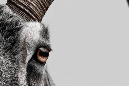 This close-up image captures the intricate details of a markhor goat, focusing on its eye and twisted horn. The unique features of this wild goat species are highlighted against a neutral background. ai generated.の素材