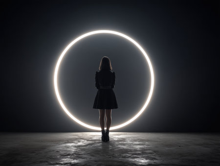 A silhouette of a woman stands in front of a glowing circular mirror in a dark environment. The contrast between the light and shadow creates a dramatic and artistic atmosphere. ai generated.の素材