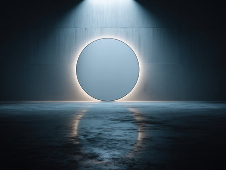 A circular mirror illuminated by soft light in a dark, reflective space. The scene creates a surreal atmosphere, highlighting the contrast between light and shadow. ai generated.の素材