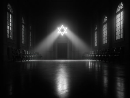 A serene interior view of a synagogue, featuring the Star of David illuminated by beams of light. The atmosphere is calm and reflective, highlighting the architectural elements and spiritual ambiance. ai generated.の素材