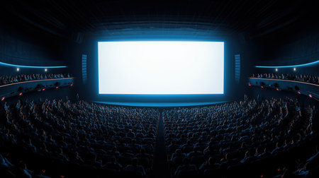 A spacious movie theater featuring a large blank screen and rows of empty seats. The ambiance suggests anticipation for an upcoming film screening. ai generated.の素材