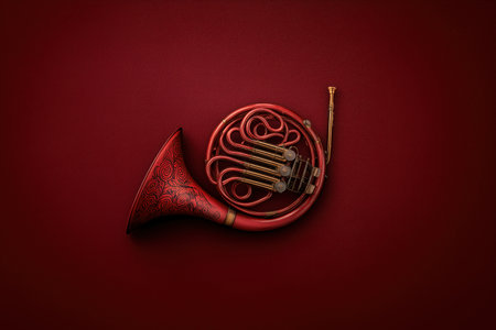 A beautifully crafted red musical horn displayed against a dark backdrop. This image highlights the elegance and artistry of brass instruments, making it ideal for music-related themes. ai generated.の素材