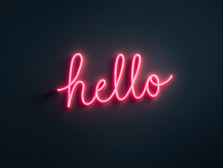 A vibrant neon sign displaying the word 'hello' in a cursive font. The bright pink color contrasts beautifully against the dark background, making it an eye-catching design element. ai generated.の素材