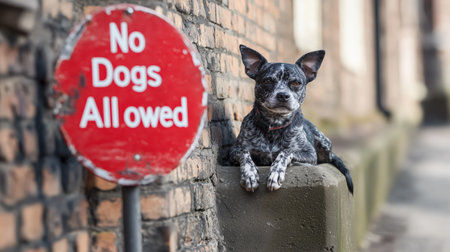 A dog rests beside a 'no dogs allowed' sign on a city street. The juxtaposition highlights the irony of the situation in an urban environment. ai generated.の素材