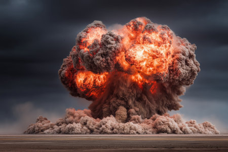 A powerful explosion creates a massive cloud of smoke and fire against a dark sky. The scene captures the intensity and chaos of a detonation, showcasing the dynamic movement of the explosion. ai generated.の素材
