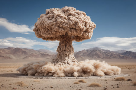 A dramatic nuclear explosion creates a massive mushroom cloud in a barren desert landscape. The scene captures the power and destruction associated with nuclear detonations. ai generated.の素材