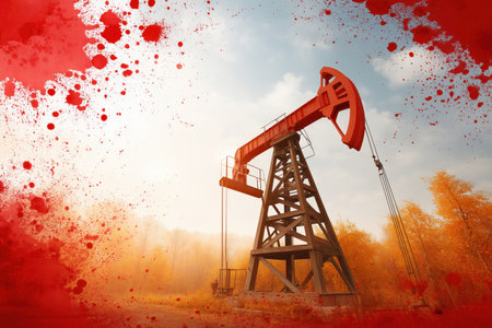 A striking oil pump jack stands prominently in an autumn landscape, surrounded by vibrant colors and a dramatic background. The image captures the essence of the oil industry against a picturesque setting. ai generated.の素材