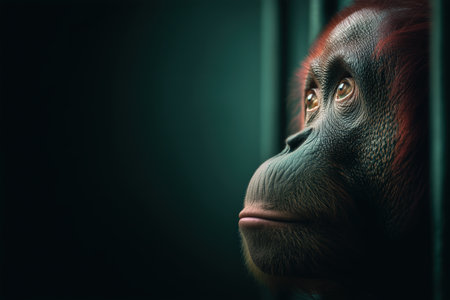 A close-up portrait of an orangutan looking thoughtfully through bars. The image captures the emotion and intelligence of this great ape in a somber setting. ai generated.の素材