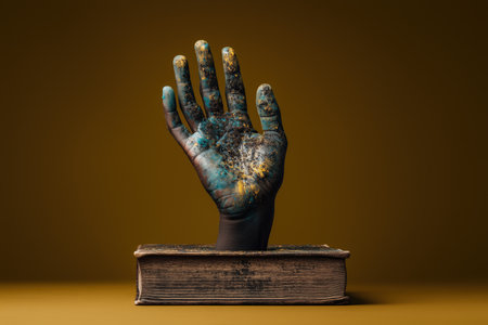 A creative representation of a hand sculpture resting on an old book. The hand features a textured surface with vibrant colors, set against a warm background. ai generated.の素材