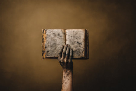 A weathered hand is holding an ancient book, showcasing its worn pages and cover. The background features a subtle texture that enhances the vintage feel of the image. ai generated.の素材