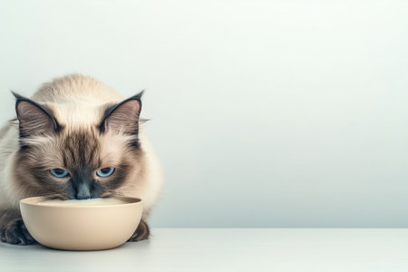 A fluffy cat is focused on its food bowl, enjoying a meal. The serene setting highlights the bond between pets and their food. ai generated.の素材