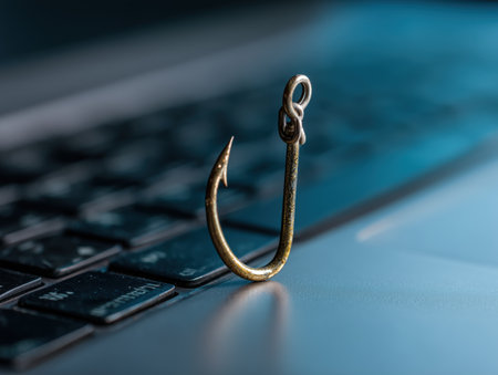A close-up image of a fishing hook placed on a laptop keyboard, symbolizing the concept of phishing in cybersecurity. This visual representation highlights the dangers of online scams and cyber threats. ai generated.の素材
