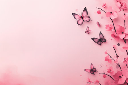A serene pink background featuring delicate butterflies and floral elements. This composition creates a soft and whimsical atmosphere, perfect for various design projects. ai generated.の素材